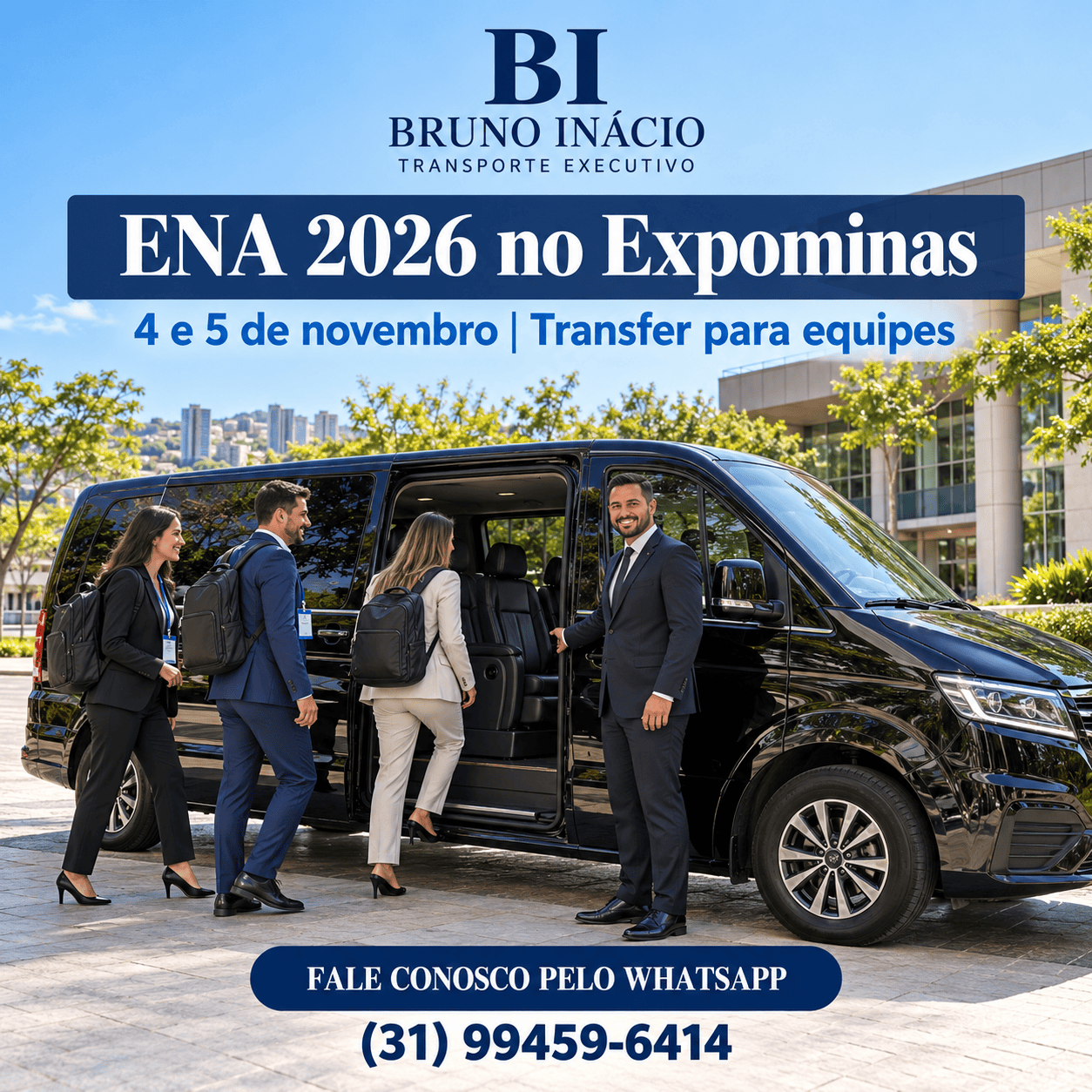 Motorista executivo da Bruno Inácio - Transporte Executivo recebe equipe com crachás em van preta para o ENA 2026 no Expominas, em Belo Horizonte